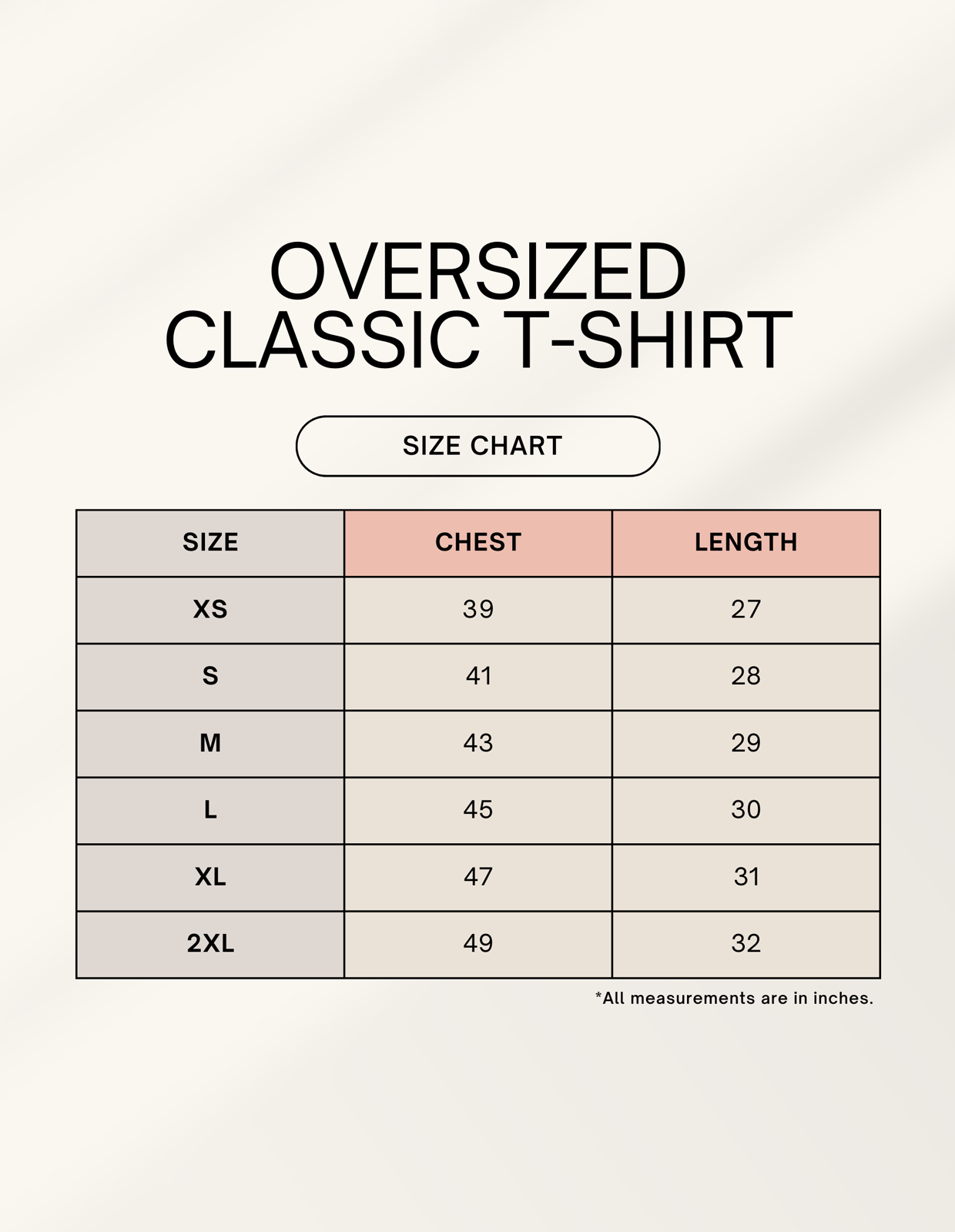 Bezzati oversized t-shirt size chart in inches: chest 39 to 49 and length 27 to 32, for sizes XS to 2XL