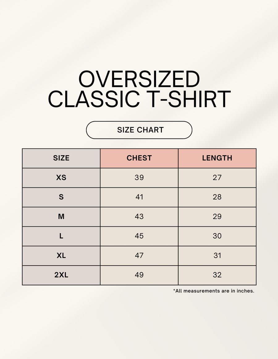 Bezzati oversized t-shirt size chart in inches: chest 39 to 49 and length 27 to 32, for sizes XS to 2XL