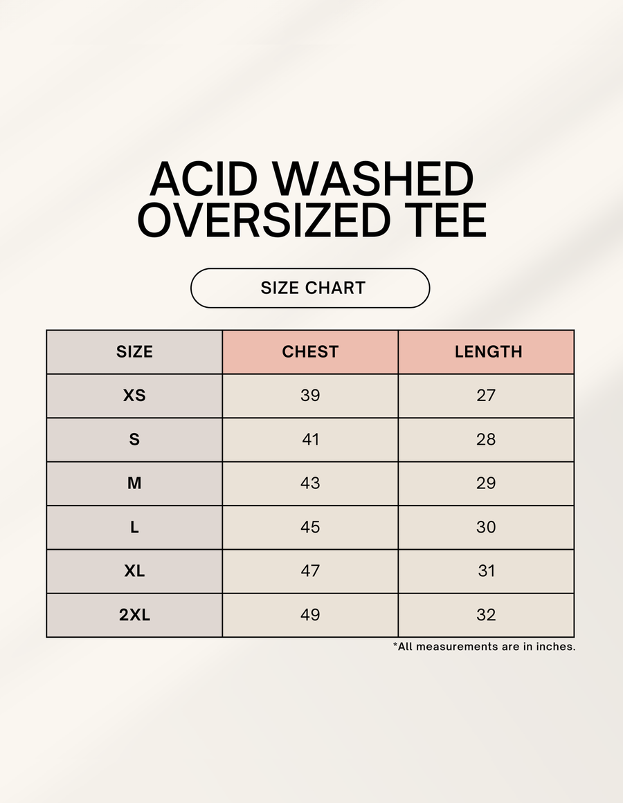 Bezzati acid-wash oversized tee size chart in inches: chest 39 to 49 and length 27 to 32, for sizes XS to 2XL