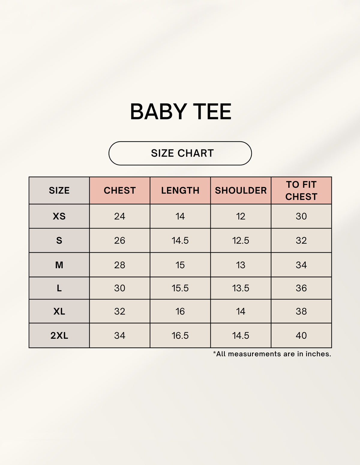 Bezzati baby tee size chart in inches: chest 24 to 34, length 14 to 16.5, shoulder 12 to 14.5, to fit chest 30 to 40, sizes XS to 2XL