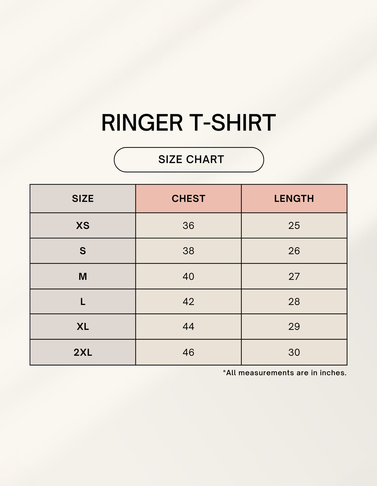 Bezzati ringer t-shirt size chart in inches: chest 36 to 46 and length 25 to 30, for sizes XS to 2XL