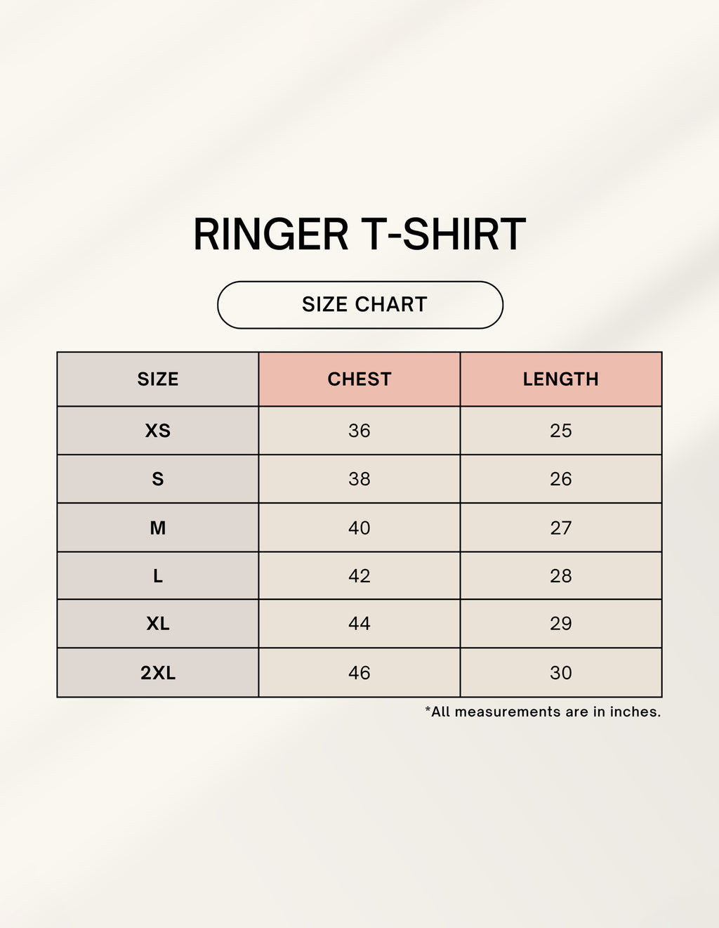 Bezzati ringer t-shirt size chart in inches: chest 36 to 46 and length 25 to 30, for sizes XS to 2XL