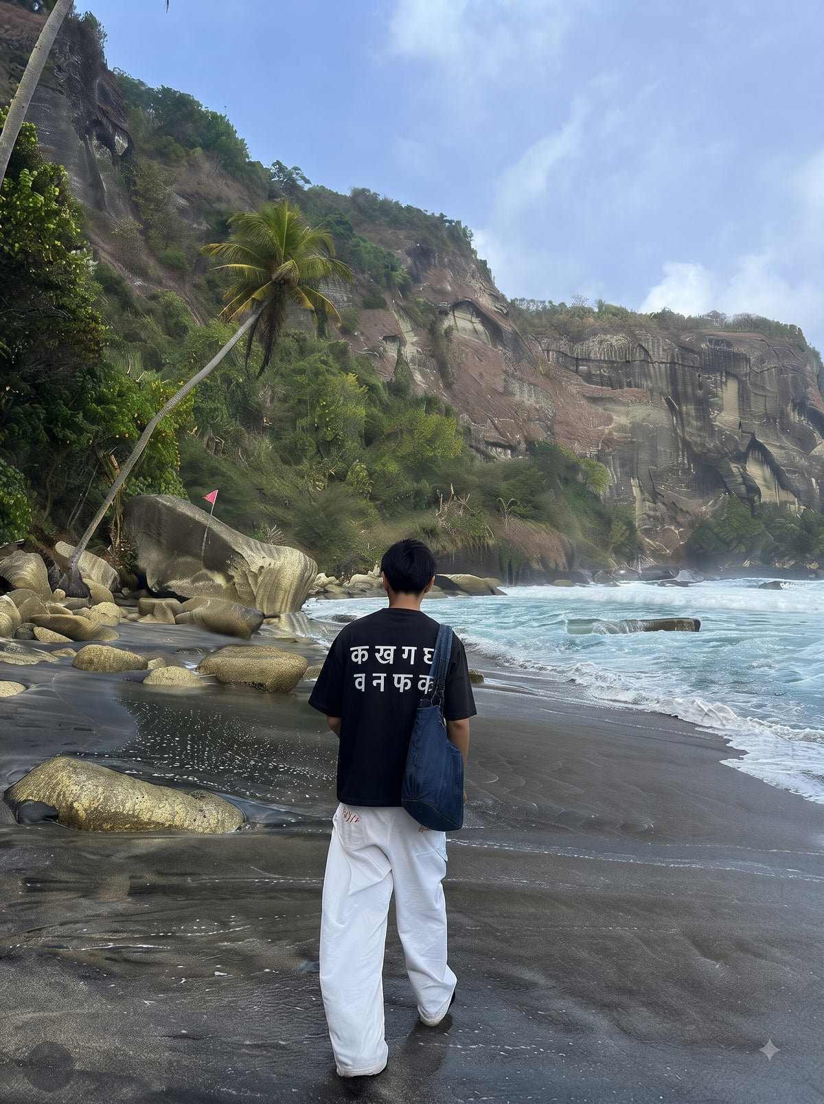 Ka Kha Ga oversized t-shirt in black, worn from behind on a rocky beach below green cliffs with white wide-leg trousers and a blue tote, two lines of Devanagari letters across the back beginning क ख ग घ