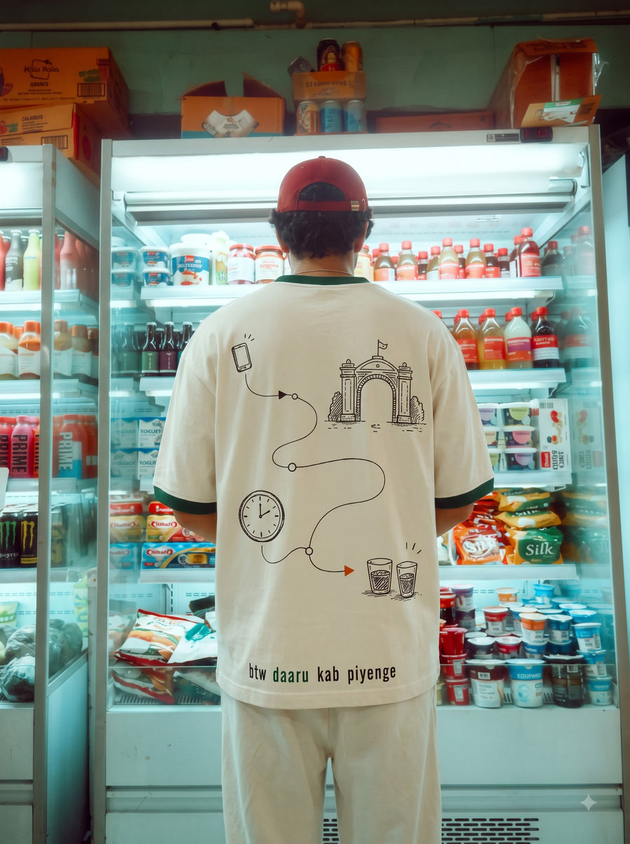 Daru kab piyenge back print, a flowchart of a phone, India Gate, a clock and two glasses, worn at a lit drinks cooler