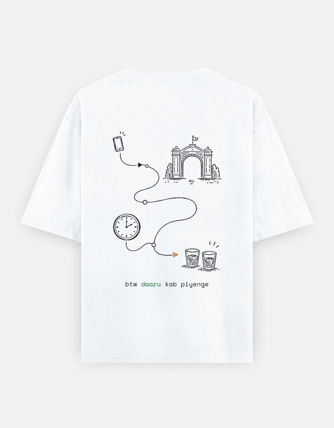 Daru kab piyenge oversized t-shirt in white, back print flowchart of a phone, India Gate, a clock and two glasses