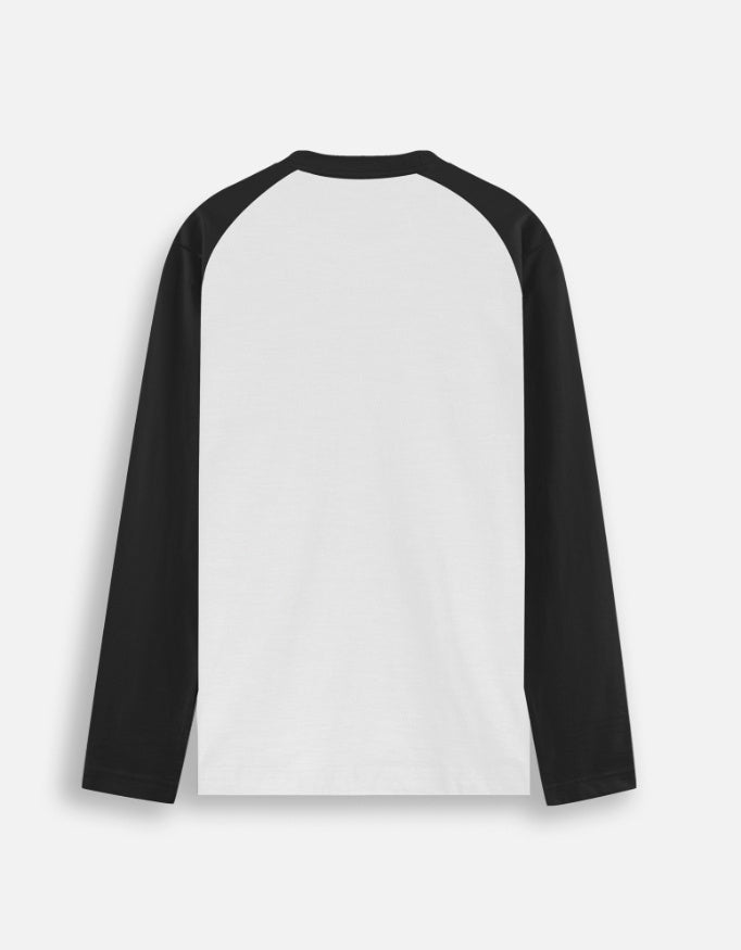 Back of the Meow raglan t-shirt, a white body with long black sleeves, plain with no print