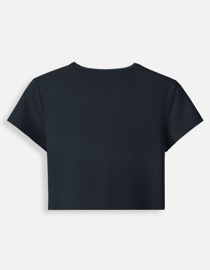 Back of the navy blue Delulu Become Trululu baby tee, plain with no print