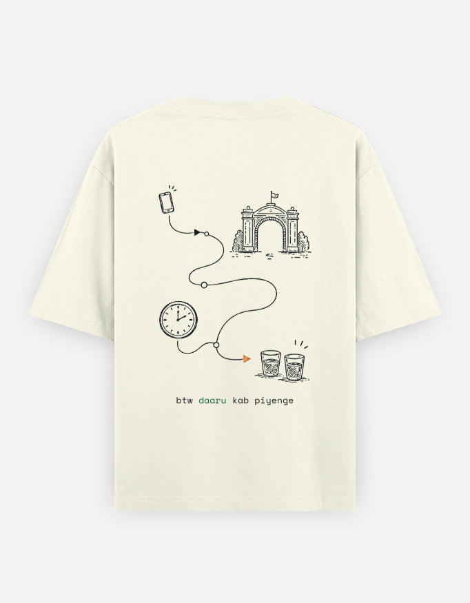 Daru kab piyenge oversized t-shirt in off white, back print flowchart of a phone, India Gate, a clock and two glasses
