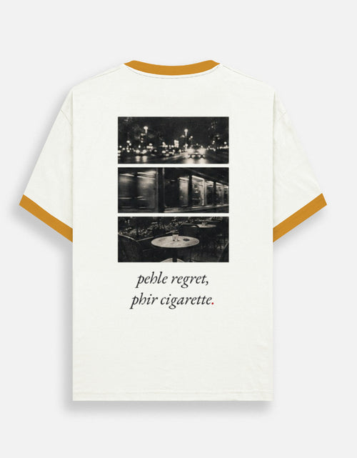 Pehle regret phir cigarette back-print ringer t-shirt in off-white with mustard yellow trim