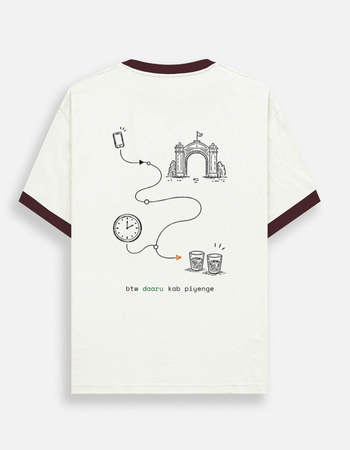 Daru kab piyenge back print on the off-white and maroon ringer t-shirt