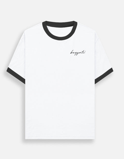 Daru kab piyenge ringer t-shirt in white with black trim, front view with clean chest