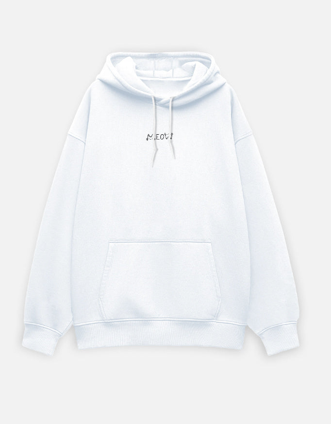 Front of the white Meow oversized hoodie with a drawstring hood and a kangaroo pocket: MEOW in small grey hand-drawn letters, centre chest
