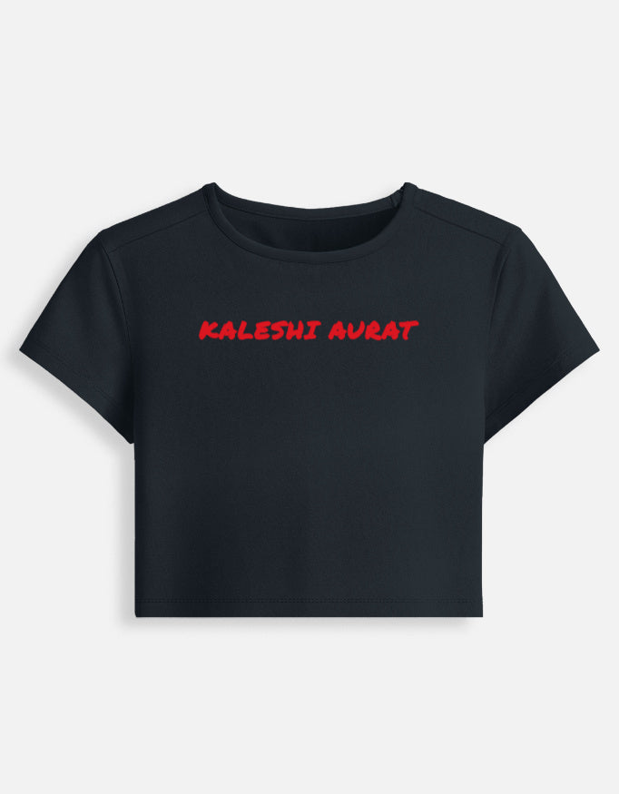 Front of the navy blue Kaleshi Aurat cropped baby tee: Kaleshi aurat in red brush capitals