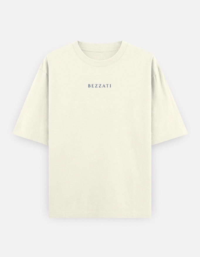 Front of the off-white oversized t-shirt, plain with a small Bezzati wordmark on the chest