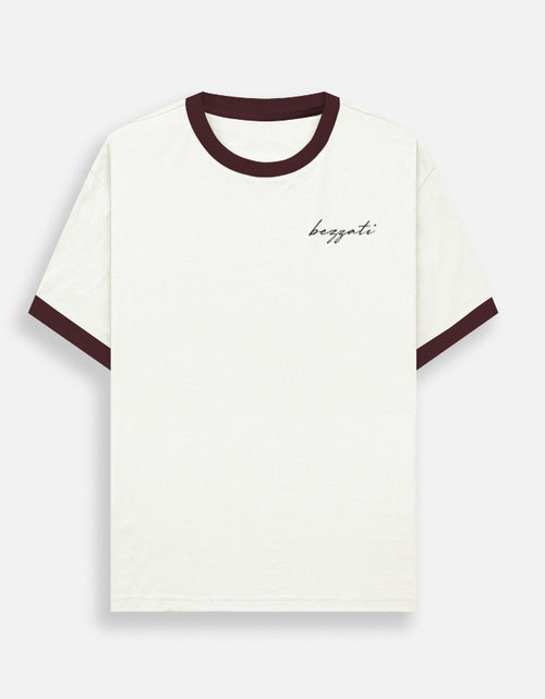 Daru kab piyenge ringer t-shirt in off-white with maroon trim, front view with clean chest
