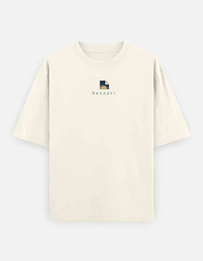 Front of the off-white Folded Horizon oversized t-shirt, with a small folded-paper mark above the bezzati wordmark