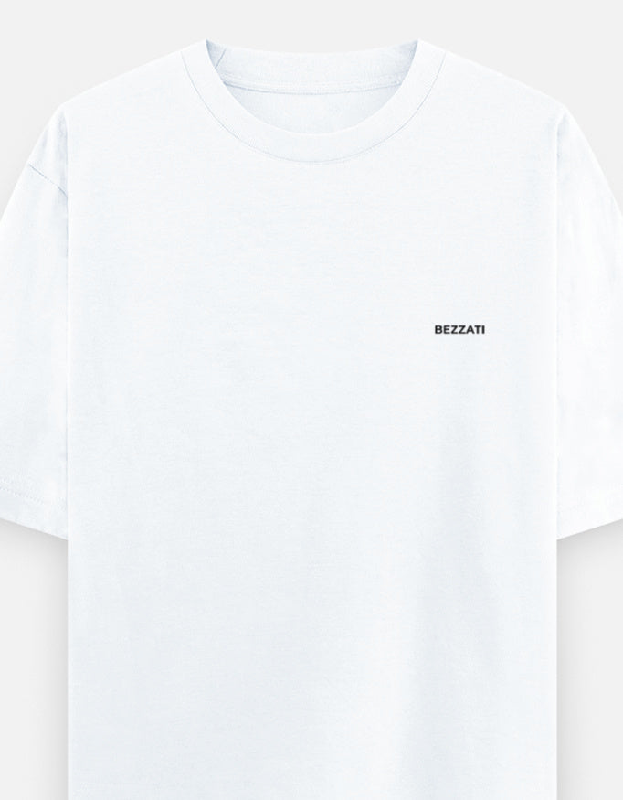 Front of the white oversized t-shirt, plain with a small Bezzati wordmark on the chest