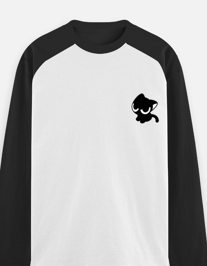 Front of the Meow raglan t-shirt, a white body with long black raglan sleeves: a small black cartoon cat with sleepy half-closed eyes on the left chest