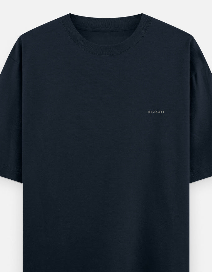 Front of the navy blue Aap Zara oversized t-shirt, plain with a small BEZZATI wordmark on the left chest
