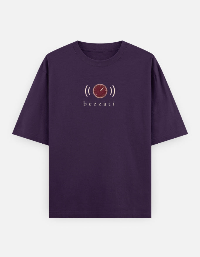 Front of the purple Soft Static oversized t-shirt, with a small radio dial and signal waves above the bezzati wordmark