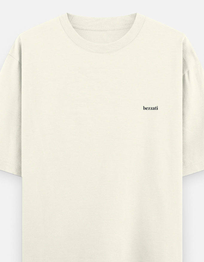 Front of the off-white Too Hot To Function oversized t-shirt, plain with a small bezzati script on the left chest