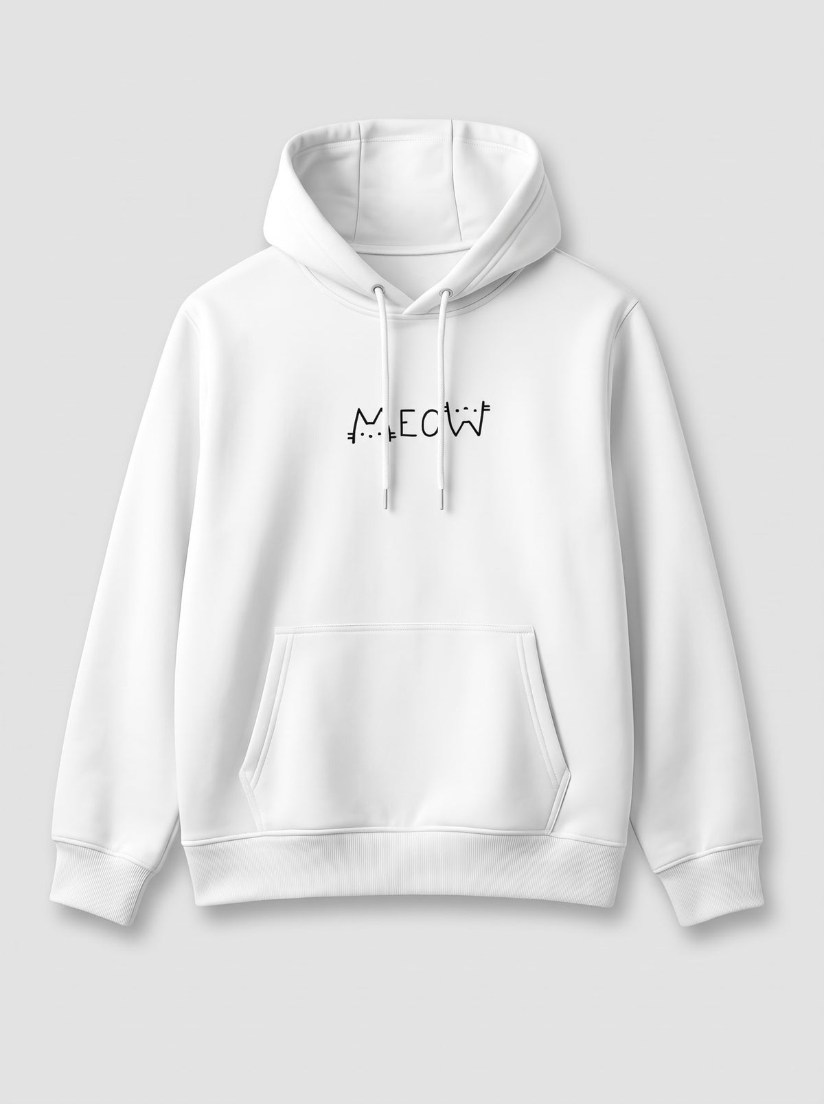 Front of the white Meow oversized hoodie with a drawstring hood and a kangaroo pocket: MEOW in small black hand-drawn letters, the M and W drawn as cat faces, centre chest