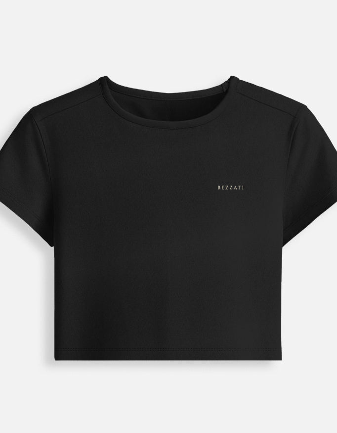 Front of the black Open Waters cropped baby tee, plain with a small BEZZATI wordmark on the chest