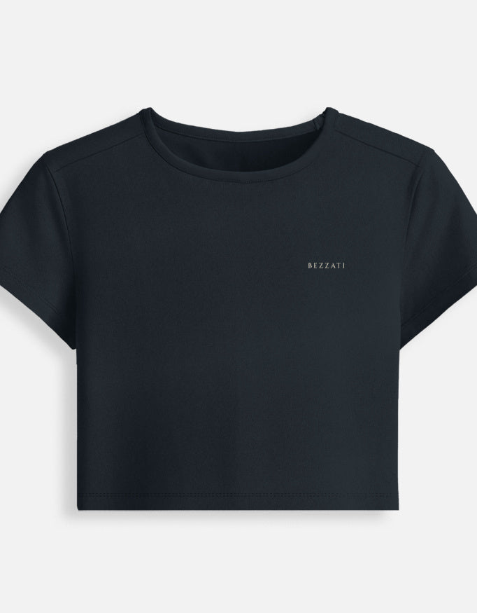 Front of the navy blue Open Waters cropped baby tee, plain with a small BEZZATI wordmark on the chest