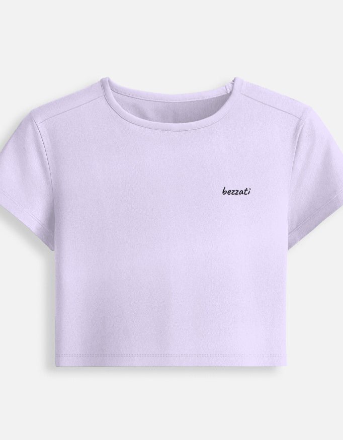 Front of the lavender Too Hot To Function cropped baby tee, plain with a small bezzati script on the chest
