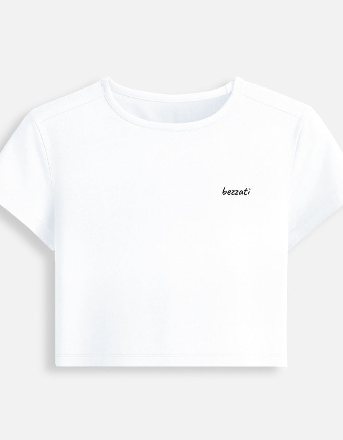 Front of the white Too Hot To Function cropped baby tee, plain with a small bezzati script on the chest